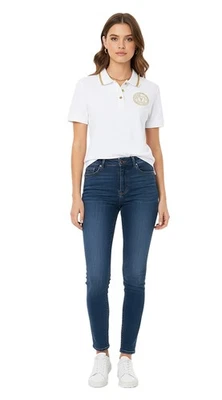 Camisa polo feminina Versace Jeans Couture branca/dourada bordada medalhão-S - Imagem 1 de 4