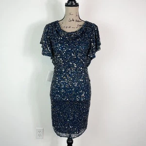 Pisarro Nights NWT Short Sleeve Boat Neck Sequin Cocktail Dress Blue Size 2 - Picture 1 of 8