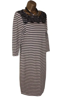 M& Jumper Dress 12 Nude Black Tan Stripe 100% Cotton Lace Knitted Xmas BNWT - Image 1 of 4
