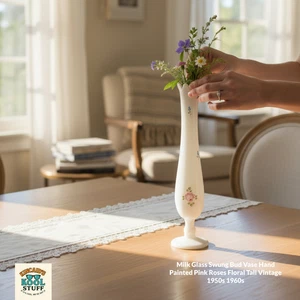 Milk Glass Swung Bud Vase Hand Painted Pink Roses Floral Tall Vintage 1950s 1960 - Picture 1 of 10