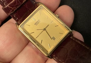 Vtg Seiko 7N22-5A49 Gold Tone Dial Leather Band Quartz Men Tank Watch Thin Case - Bild 1 von 12