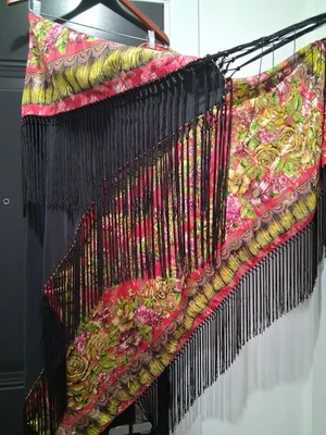 Huge Piano Shawl Silk Doubled Black & Print Floral Pink Gold Green Fringe 69"x69 - Image 1 of 4