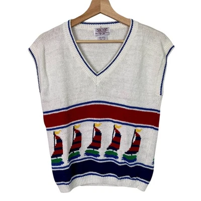 SKYR Vintage Suéter Chaleco Veleros Años 80 90 Náutico Talla 38 Ramie Algodón Tejido Foto 1 de 4