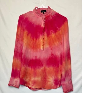 Blusa de lujo Theory para mujer pequeña rosa tie dye 100 % seda manga larga Henley - Imagen 1 de 6