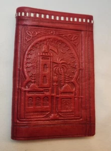 Handgefertigte rote geprägte Leder-Geldbörse mit Doppelfaltung Clutch Indien Taj Mahal neu ohne Etikett - Bild 1 von 10