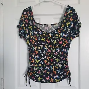 Derek Heart Crop Babydoll Puff Sleeve Top Size L Ruched Butterflies Fairy Boho - Picture 1 of 8
