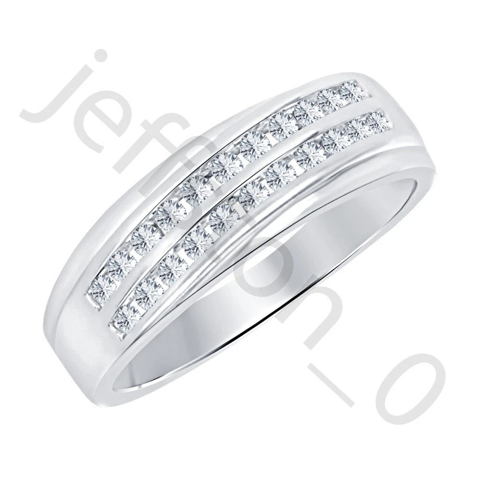 Alianza de boda de oro blanco de 14 quilates con diamantes creados en laboratorio de 0,90 quilates sobre dos filas anillo para hombre Foto 1 de 4