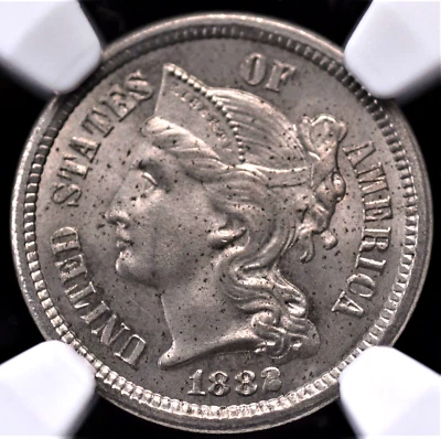 1882 THREE CENT NICKEL NGC MS 62 LIGHT SILVERY PEWTER WITH CLEAN FULLY STRUCK - Image 1 of 3