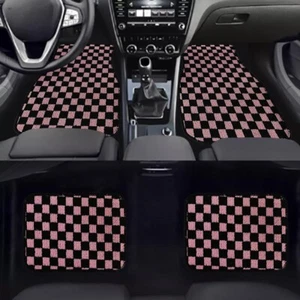 4PCS UNIVERSAL CHECKERED PINK Racing Fabric Car Floor Mats Interior Carpets - Picture 1 of 7