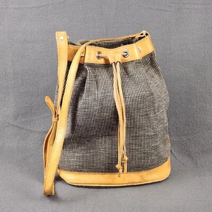 Vintage Schultertasche mit Kordelzug Boho geflochten mit Lederbesatz aus Thailand 80er - Bild 1 von 17