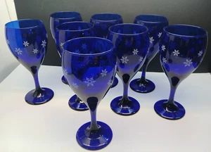 Vintage Libbey Cobalt Blue Set of 8 Snowflake Wine Glasses - Picture 1 of 8