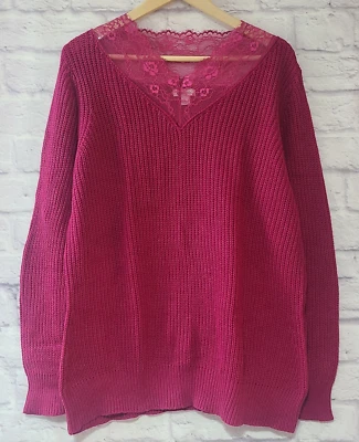 Suéter Sundance Daphne Para Mujer Grande Rosa Frambuesa Encaje Cuello Ribete Foto 1 de 4