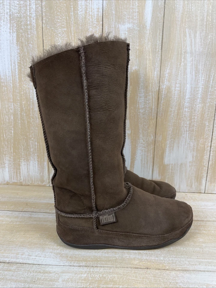 FitFlop женщин стриженный мех с подкладкой коричневый замши икры ботинки размер 9 микро колебания - Изображение 1 из 4
