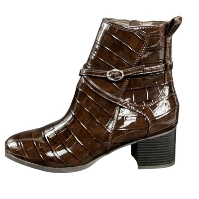 Botas de tornozelo femininas Anne Klein tamanho 7 marrom crocodilo salto em relevo fivela zíper lateral - Imagem 1 de 4