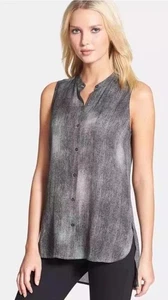 Eileen Fisher Women’s XS Hazy Print Silk Crepe Mandarin Collar High Low Shirt - Picture 1 of 8