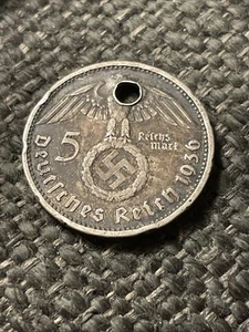 1936 German 5 Reichsmark Silver Coin, Holed And Ready For Key Ring. - Picture 1 of 2