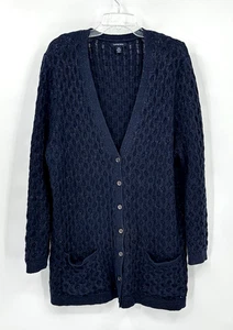 LANDS END cardigan sweater cable knit metallic chunky cotton preppy blue plus 2X - Picture 1 of 6