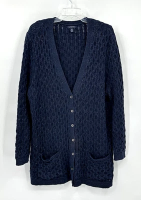 LANDS END cardigan sweater cable knit metallic chunky cotton preppy blue plus 2X - Image 1 of 4