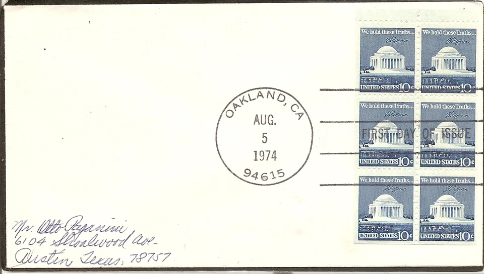 US Scott #1510d Jefferson Memorial, Booklet pane of six FDC. No Cachet. - Image 1 of 1