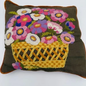 Vintage handgehäkelt Blumenkorb Dekokissen 12x12 Retro Oma - Bild 1 von 5
