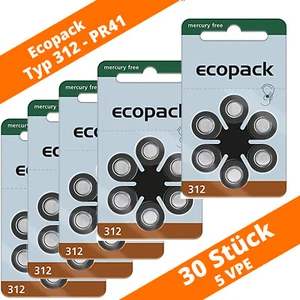 30 x VARTA Ecopack Hörgerätebatterien Typ 312 PR41 ZL3 Braun1,45 V Hearing - Bild 1 von 2