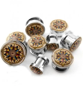 PAIR-Compass Point Vintage Steel Screw On Ear Plugs 16mm/5/8" Gauge - Picture 1 of 5