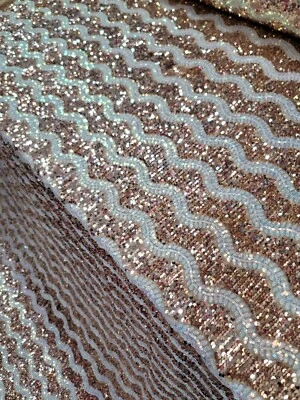 Gold Iridescent Clear Sequin on Beige Stretch Velvet Fabric By The Yard For Dres - Image 1 of 3