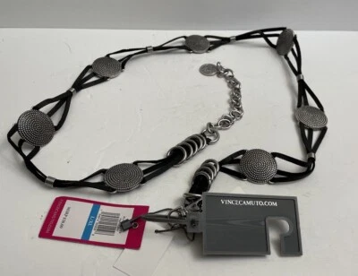 Cinturón Vince Camuto Cadena Plata Negro y Plata con Círculos Ajustable Grande XL Nuevo Foto 1 de 4