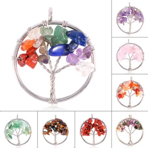 7 Chakra Tree of Life Pendulum Pendant Round Natural Stone Pendants 9pcs 30mm - Picture 1 of 10