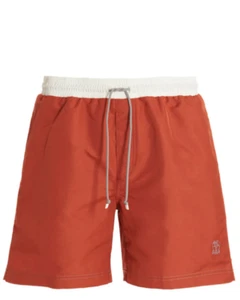 Brunello Cucinelli Men’s Orange White Logo-Embroidered Swim Shorts - Picture 1 of 4