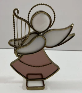 Estatuilla de ángel de vidrieras con arpa 6"H malva y blanca - Imagen 1 de 3