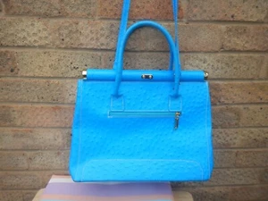 TURQUOISE/BLUE  Pelle Di Giada Ostrich print Leather satchel, Made In Italy, - Picture 1 of 12