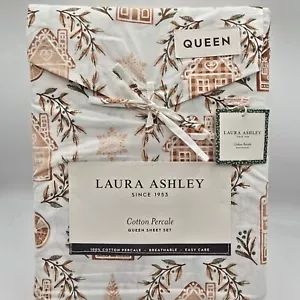 Laura Ashley Christmas Gingerbread 4pc QUEEN Sheet Set House Snowflake Percale - Picture 1 of 5