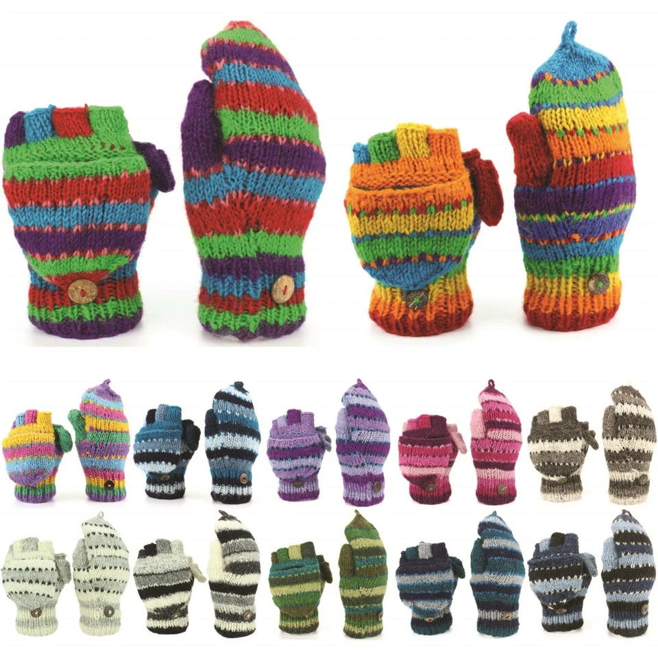 Wool Gloves Mittens Fingerless Shooter Lined STRIPEY Knit Handmade LoudElephant - Image 1 of 1