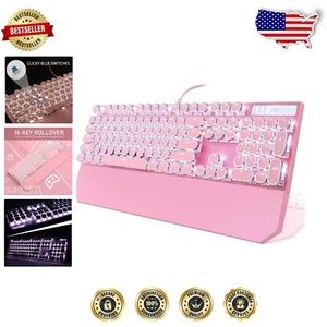Pink Retro Typewriter Style Mechanical Gaming Keyboard with White Backlit - Picture 1 of 10