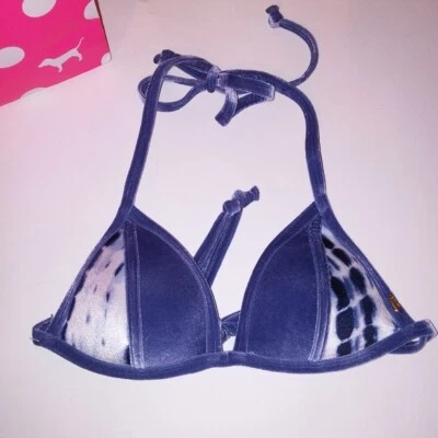Victoria Secret PINK Swim Bikini Top Small Blue Velvet Triangle String Tie Up - Image 1 of 4