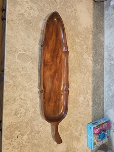 MCM Teak ? Wood Carved Leaf Serving Nut Snack Tray Vintage Hawaiian Hawaii 24" - Picture 1 of 19
