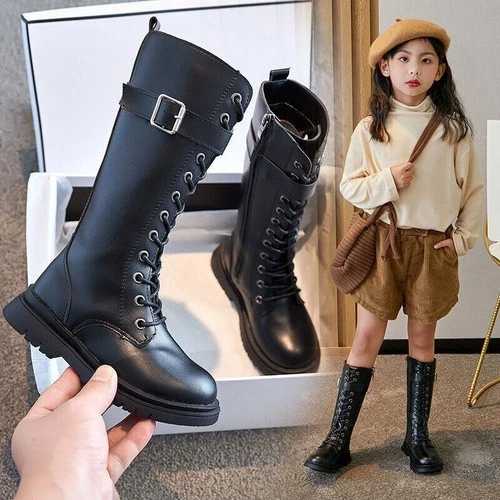 Kids Girls Knee High Boots Fur Lined Lace Up Side Zippers Riding Snow Boots UK - Image 1 of 4