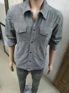 Men designer suede grey Lambskin leather shirt with pocket Coat - Picture 1 of 9