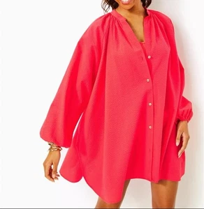 Camicia Lilly Pulitzer Andrae copricostume Mizner rosso taglia S nuova con etichetta bottoni cotone - Foto 1 di 14