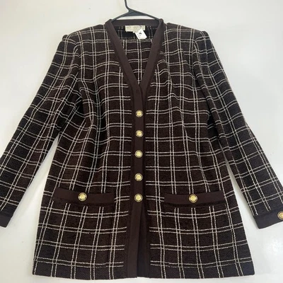 Vintage St John Collection Skirt Suit Womens 12 Brown Plaid Gold Buttons 90s - Image 1 of 4