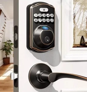 Veise Fingerprint Door Lock W/ 2 Lever Handles Keyless Entry Rubbed Bronze KS02B - Picture 1 of 10