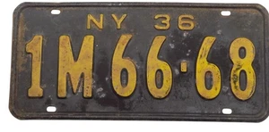 New York License Plate Tag # 1M66-68 1936 Black/Yellow Good Cond. Minor Rust - Picture 1 of 1