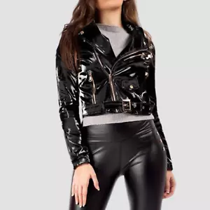 Women's Black PVC Vinyl Biker Jacket – Shiny Patent Moto Coat with Belt & Zipper - Picture 1 of 4