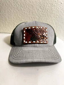 Trucker Hat Adjustable Mesh Gray Green Hand tool Leather Patch Floral Richardson - Picture 1 of 8
