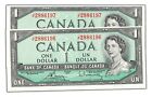 $1 1954 Bank of Canada Note Bouey-Rasminsky J/F Prefix BC-37c - Two Consecutive