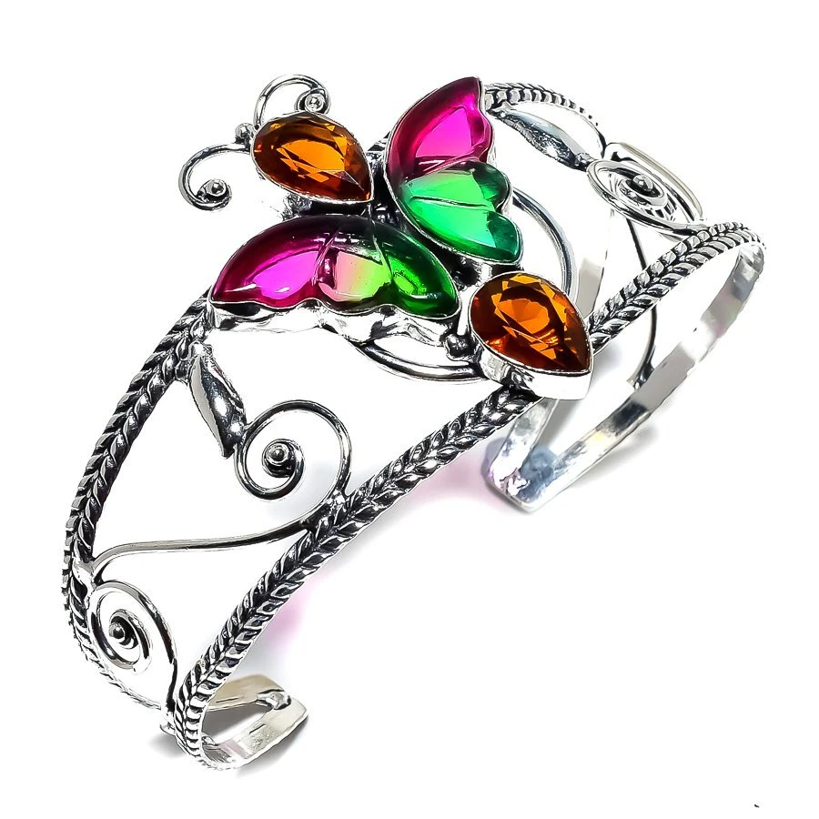 Butterfly Bi-Color Tourmaline,Honey Topaz Gemstone 925 Sterling Silver Cuff B753 - Image 1 of 4