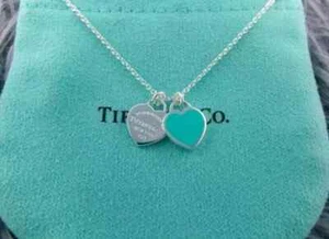 Tiffany & Co Silver & Blue Enamel Mini Double Heart Tag Pendant Necklace AU - Picture 1 of 5