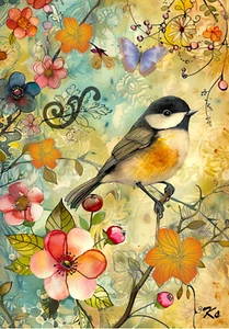 Whimsical chickadee bird butterfly flowers 2.5x3.5 ACEO landscape artwork - Picture 1 of 3