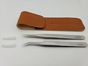 Eyelash Extension Tweezers Set in Case Straight Curved Stainless Steel Two Units - Picture 1 of 3